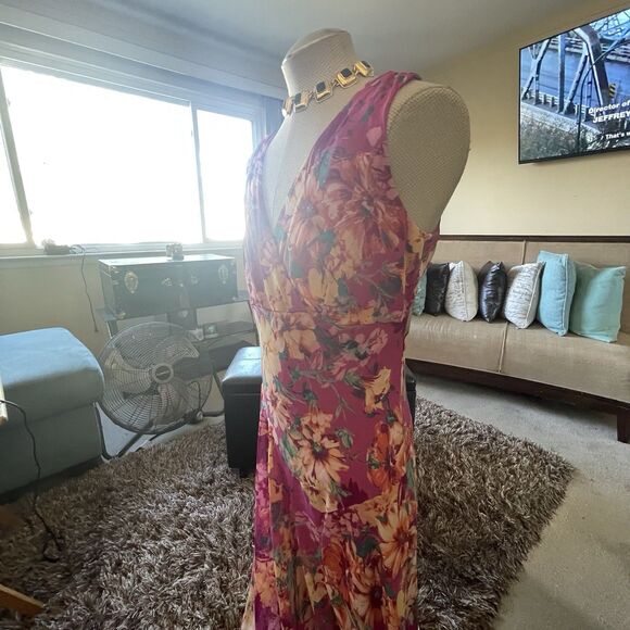 Covington Womans Babydoll Maxi Dress Pink Multi Floral Sleeveless Sheer Fairy 14 - Picture 6 of 16